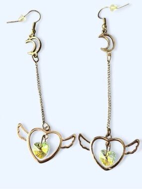 Crystal Celestial dangle  heart earrings with moon charm